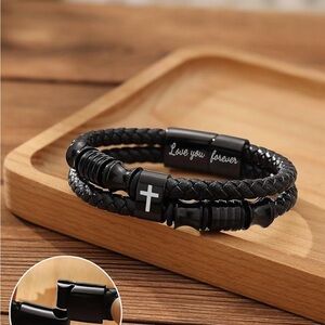 Black Braided Bracelet with Cross Accent